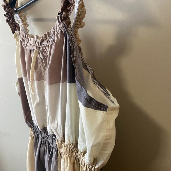 Handmade Plus Size Cotton Neutrals Brown Beige Patchwork Elastic Straps Dress - Picture 9 of 9